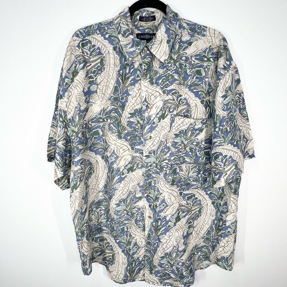90s Chereskin 100% Silk Alligator Novelty Print Short Sleeve Button Down Shirt L
